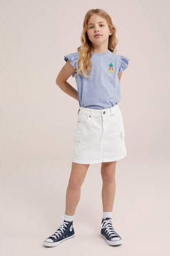 WE Fashion T-shirt met printopdruk en ruches lichtblauw Meisjes Katoen Ronde hals 158 164