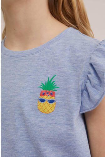 WE Fashion T-shirt met printopdruk en ruches lichtblauw Meisjes Katoen Ronde hals 158 164 - Foto 2
