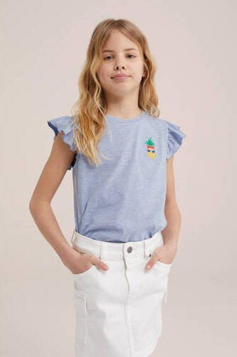 WE Fashion T-shirt met printopdruk en ruches lichtblauw Meisjes Katoen Ronde hals 158 164 - Foto 3