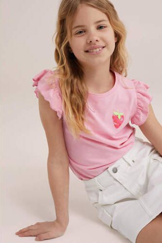WE Fashion T-shirt met printopdruk en ruches roze Meisjes Katoen Ronde hals 110 116
