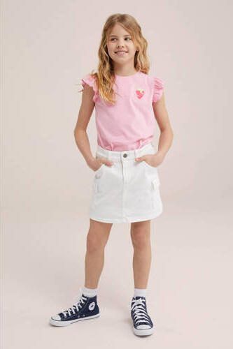 WE Fashion T-shirt met printopdruk en ruches roze Meisjes Katoen Ronde hals 110 116 - Foto 2