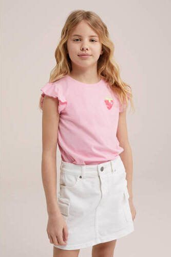 WE Fashion T-shirt met printopdruk en ruches roze Meisjes Katoen Ronde hals 110 116 - Foto 3