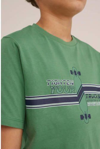 WE Fashion T-shirt met printopdruk groen Jongens Katoen Ronde hals Printopdruk 110 116 - Foto 2