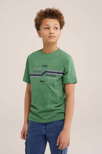 WE Fashion T-shirt met printopdruk groen Jongens Katoen Ronde hals Printopdruk 110 116 - Foto 3