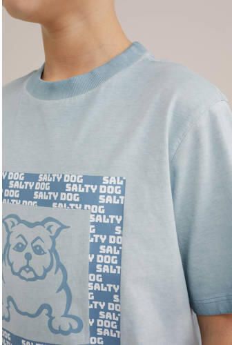 WE Fashion T-shirt met printopdruk lichtblauw Jongens Katoen Ronde hals 110 116 - Foto 2