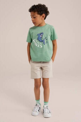 WE Fashion T-shirt met printopdruk lichtgroen Jongens Katoen Ronde hals 110 116 - Foto 3