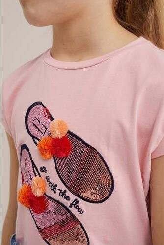 WE Fashion T-shirt met printopdruk roze Meisjes Stretchkatoen Ronde hals 110 116 - Foto 2