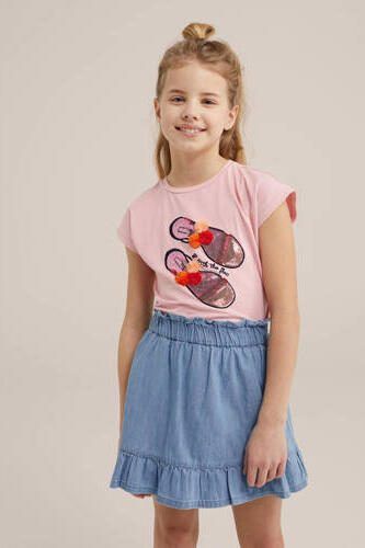 WE Fashion T-shirt met printopdruk roze Meisjes Stretchkatoen Ronde hals 110 116 - Foto 3