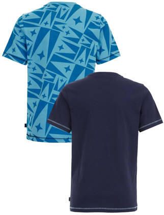 WE Fashion T-shirt met printopdruk set van 2 blauw turquoise Jongens Katoen Ronde hals 110 116