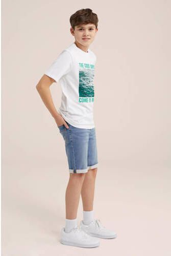 WE Fashion T-shirt met printopdruk wit groen Jongens Katoen Ronde hals 110 116 - Foto 2