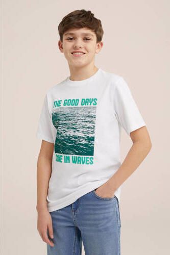 WE Fashion T-shirt met printopdruk wit groen Jongens Katoen Ronde hals 110 116 - Foto 3