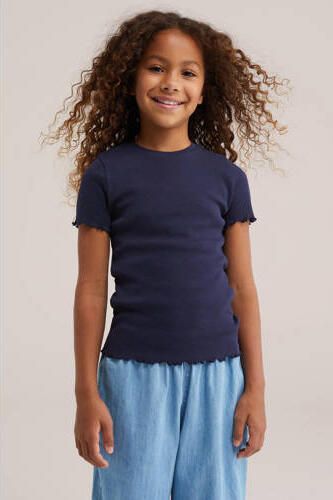 WE Fashion T-shirt met ruches donkerblauw Meisjes Stretchkatoen Ronde hals - Foto 3