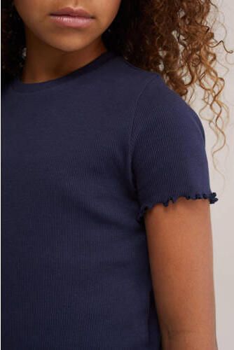 WE Fashion T-shirt met ruches donkerblauw Meisjes Stretchkatoen Ronde hals - Foto 4