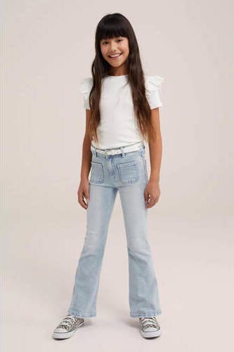 WE Fashion T-shirt met ruches wit Meisjes Stretchkatoen Ronde hals Effen 134 140 - Foto 4