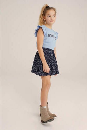 WE Fashion T-shirt met tekst blauw Meisjes Stretchkatoen Ronde hals Tekst 110 116