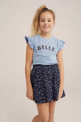 WE Fashion T-shirt met tekst blauw Meisjes Stretchkatoen Ronde hals Tekst 110 116 - Foto 3