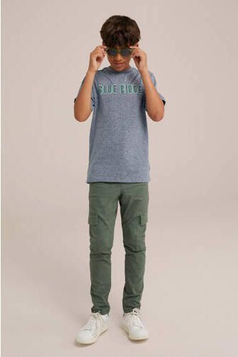 WE Fashion T-shirt met tekst donkerblauw wit groen Jongens Katoen Ronde hals 110 116