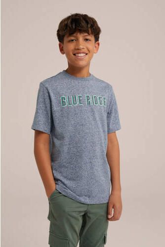 WE Fashion T-shirt met tekst donkerblauw wit groen Jongens Katoen Ronde hals 110 116 - Foto 3
