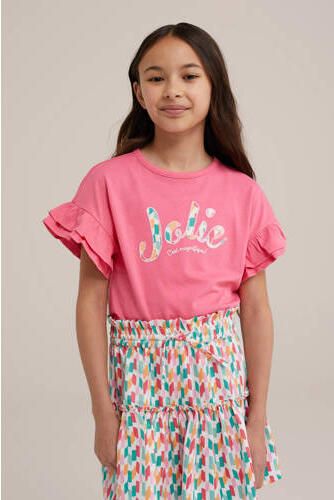 WE Fashion T-shirt met tekst en borduursels shrimp Roze Meisjes Katoen Ronde hals 146 152