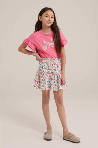 WE Fashion T-shirt met tekst en borduursels shrimp Roze Meisjes Katoen Ronde hals 146 152 - Foto 3