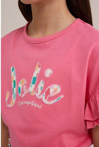 WE Fashion T-shirt met tekst en borduursels shrimp Roze Meisjes Katoen Ronde hals 146 152 - Foto 2