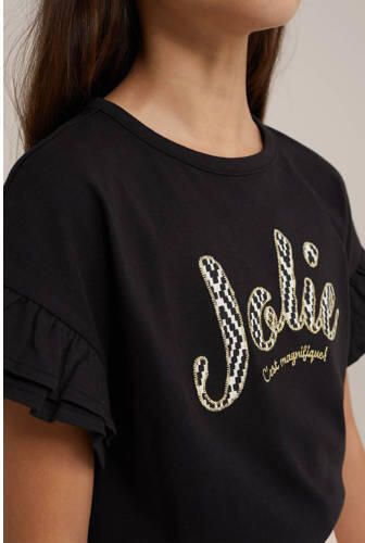WE Fashion T-shirt met tekst en borduursels zwart Meisjes Katoen Ronde hals 110 116