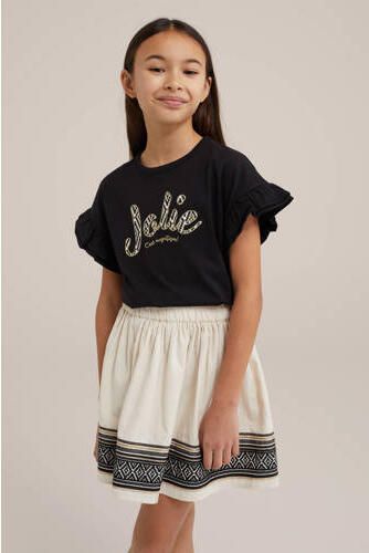 WE Fashion T-shirt met tekst en borduursels zwart Meisjes Katoen Ronde hals 110 116 - Foto 2