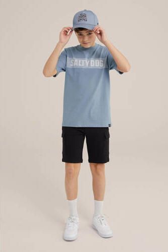 WE Fashion T-shirt met tekst lichtblauw Jongens Katoen Ronde hals Tekst 122 128 - Foto 2