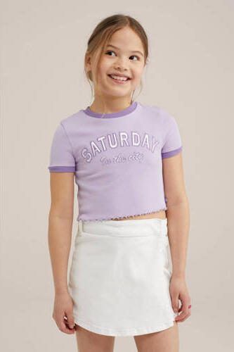 WE Fashion T-shirt met tekst lila Paars Meisjes Stretchkatoen Ronde hals 122 128 - Foto 3
