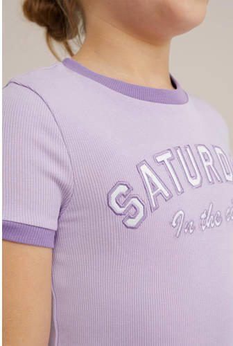 WE Fashion T-shirt met tekst lila Paars Meisjes Stretchkatoen Ronde hals 122 128 - Foto 2