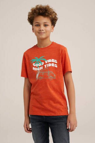 WE Fashion T-shirt met tekst rood Jongens Katoen Ronde hals Tekst 110 116 - Foto 3
