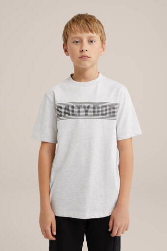 WE Fashion T-shirt met tekst white melange Grijs Jongens Katoen Ronde hals 122 128 - Foto 2