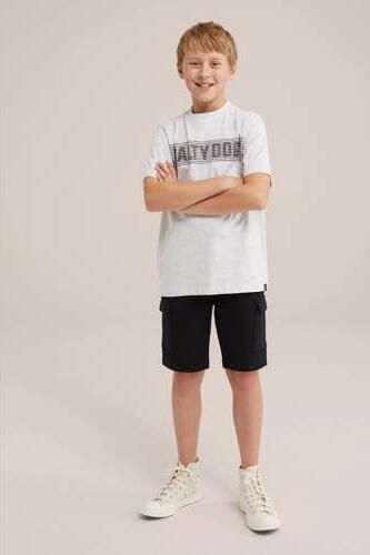 WE Fashion T-shirt met tekst white melange Grijs Jongens Katoen Ronde hals 122 128 - Foto 3