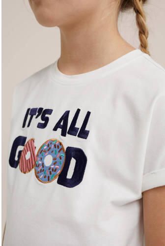 WE Fashion T-shirt met tekst wit Meisjes Stretchkatoen Ronde hals Tekst 110 116 - Foto 2