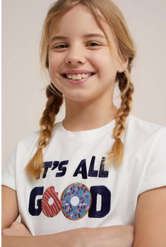 WE Fashion T-shirt met tekst wit Meisjes Stretchkatoen Ronde hals Tekst 110 116 - Foto 3