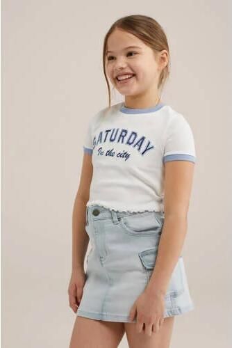 WE Fashion T-shirt met tekst wit blauw Meisjes Stretchkatoen Ronde hals 134 140