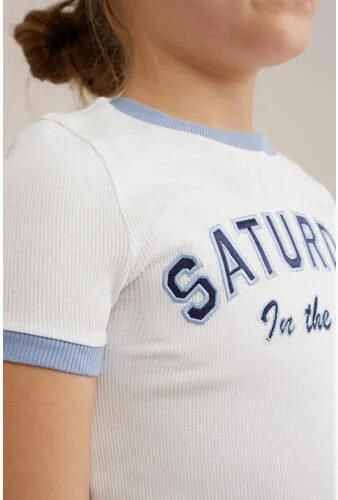 WE Fashion T-shirt met tekst wit blauw Meisjes Stretchkatoen Ronde hals 134 140 - Foto 2