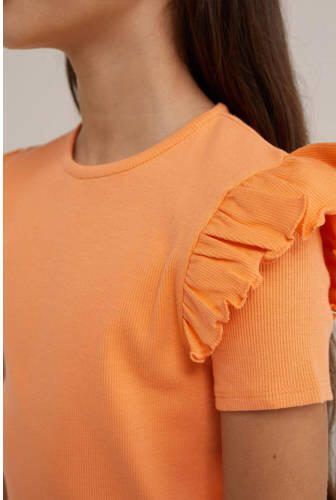 WE Fashion T-shirt oranje Meisjes Stretchkatoen Ronde hals Effen 110 116 - Foto 2