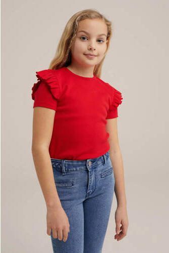 WE Fashion T-shirt rood Meisjes Stretchkatoen Ronde hals Effen 110 116 - Foto 3