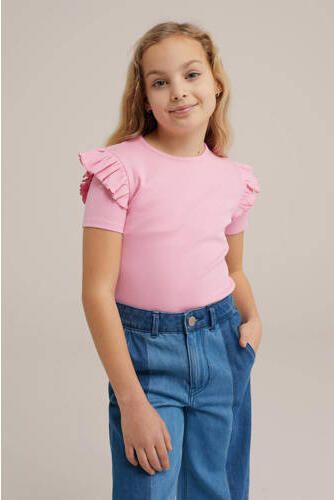 WE Fashion T-shirt roze Meisjes Stretchkatoen Ronde hals Effen 110 116