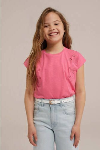 WE Fashion T-shirt roze Meisjes Stretchkatoen Ronde hals Effen 134 140
