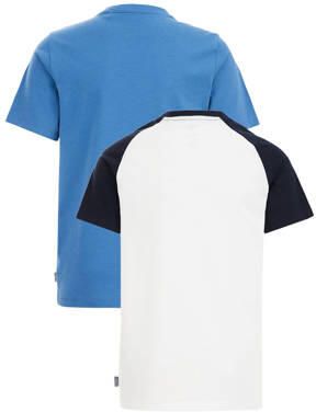 WE Fashion T-shirt set van 2 blauw wit Jongens Katoen Ronde hals Meerkleurig 122 128