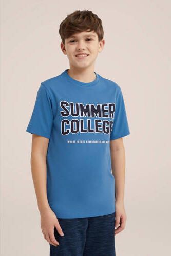 WE Fashion T-shirt set van 2 blauw wit Jongens Katoen Ronde hals Meerkleurig 122 128 - Foto 3