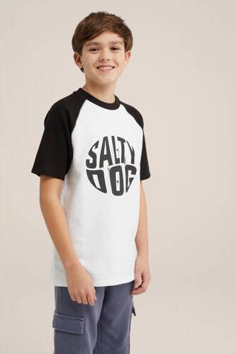 WE Fashion T-shirt wit zwart Jongens Katoen Ronde hals Meerkleurig 110 116