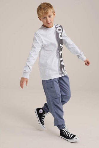 WE Fashion tapered fit cargobroek grijsblauw Jongens Katoen Effen 110 - Foto 3