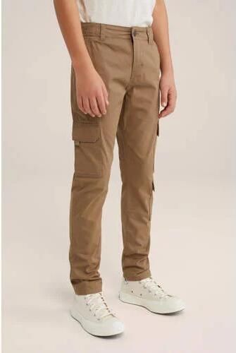 WE Fashion tapered fit cargobroek kaki Groen Jongens Katoen Effen 116
