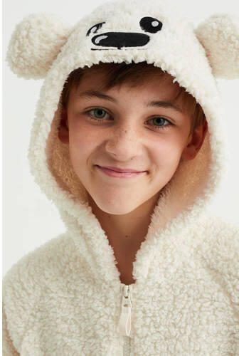 WE Fashion teddy onesie met capuchon ecru Effen 122 128 - Foto 3