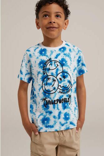 WE Fashion tie-dye T-shirt blauw wit zwart Jongens Katoen Ronde hals Tie-dye 158 164