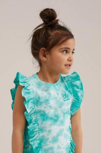 WE Fashion tie-dye top wit turquoise Blauw Meisjes Katoen Ronde hals Tie-dye 134 140