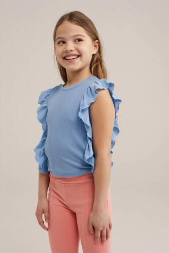 WE Fashion top blauw Meisjes Stretchkatoen Ronde hals Effen 110 116